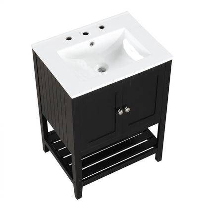 24" Black Modern Sleek Bathroom Vanity Elegant Ceramic Sink with Solid Wood Frame Open Style Shelf by eprolo