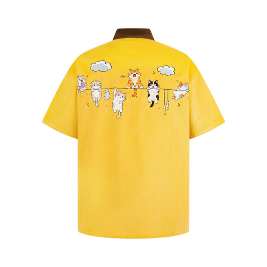 Embroidered corduroy color blocked short sleeved shirt