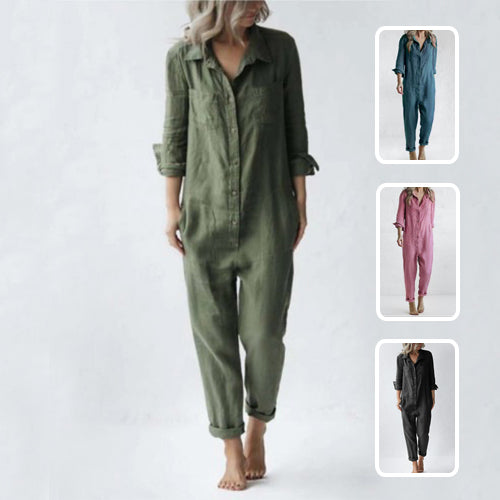 Mono casual de manga larga con bolsillos, mono holgado de moda con solapa y botones, pantalones de ropa para mujer