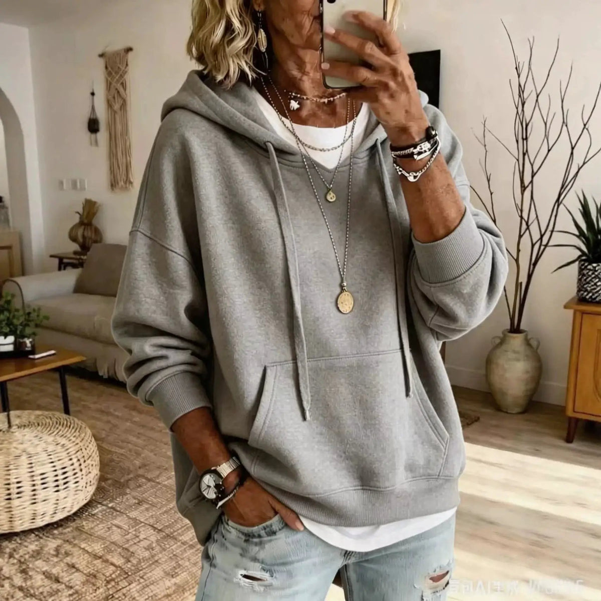 Womens casual loose-fitting gray hoodie with front pockets and long sleeves, layered over a white tee