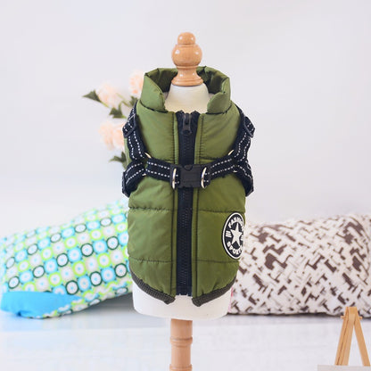 AdTec waterproof dog coat with harness, green puffer winter jacket for dogs