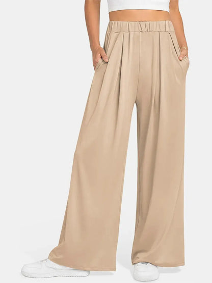 Elastic Waist Wide Leg Palazzo Pants by Trendsi in beige with pockets