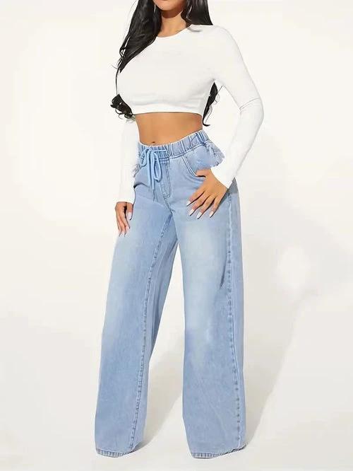 25 Edition – High Waist Drawstring Wide Leg Jeans – Light Blue by JeansDenim.Store
