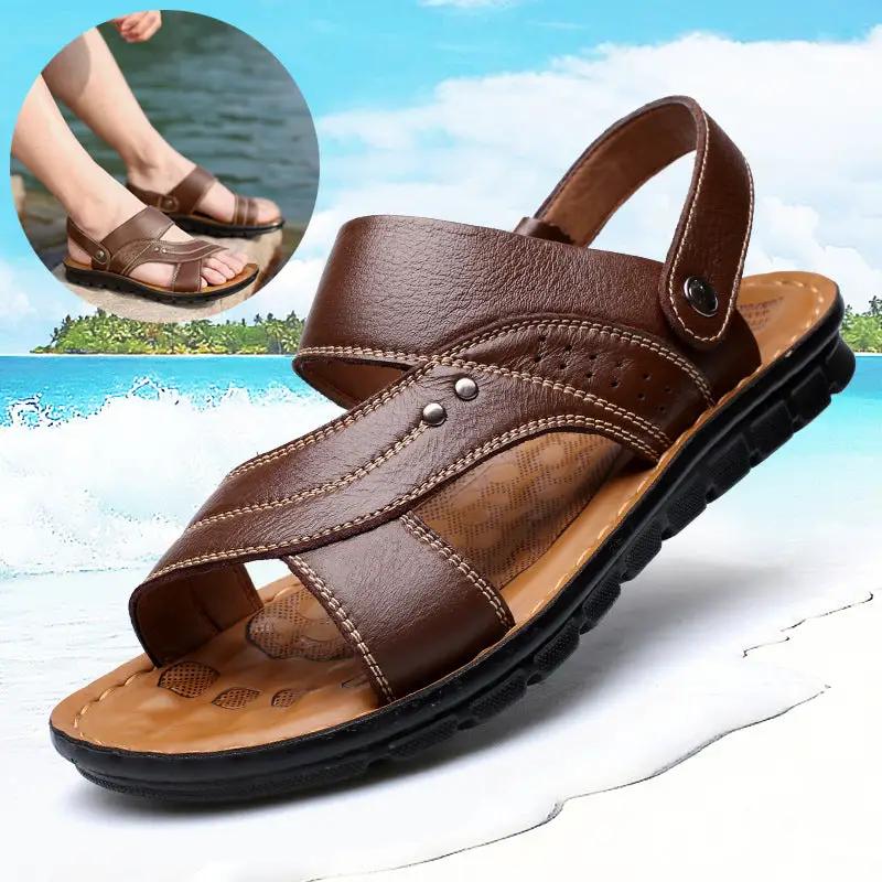 Men brown leather sandals with adjustable back strap by AdTec