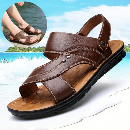 Men brown leather sandals with adjustable back strap by AdTec