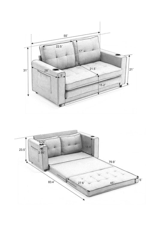 Three in one soft cushion cushion cushion sofa, folding mattress sofa bed, with side pockets and cup holder, dark gray by eprolo