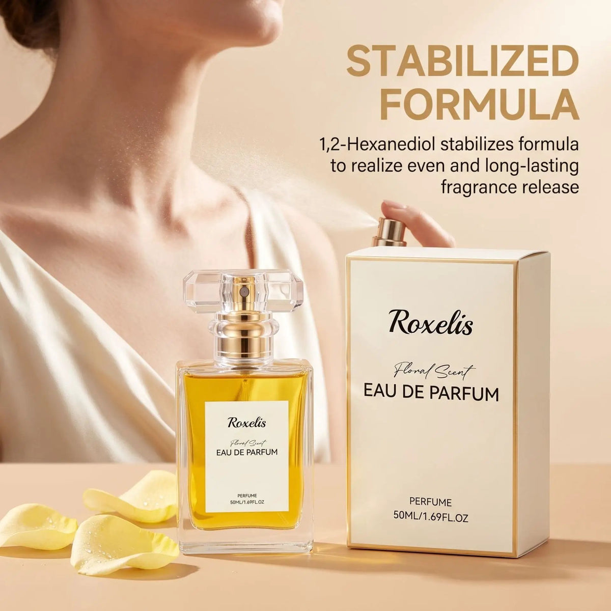 Roxelis luxury perfume bottle with gold cap and crystal stopper, boxed 50ml Eau de Parfum