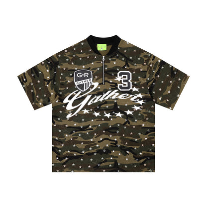 Full printed star camouflage short-sleeve shirt with front zipper and GATHER logo.