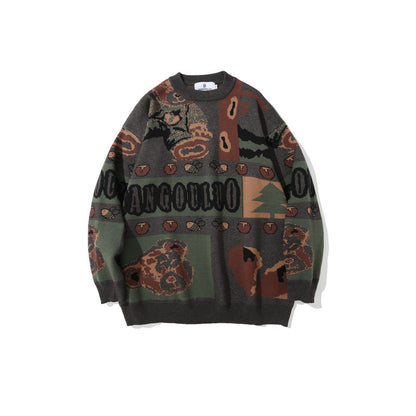 Retro Jacquard Knitted Sweater Men's Loose Round Neck Color blocked Knitted Sweater Long Sleeve