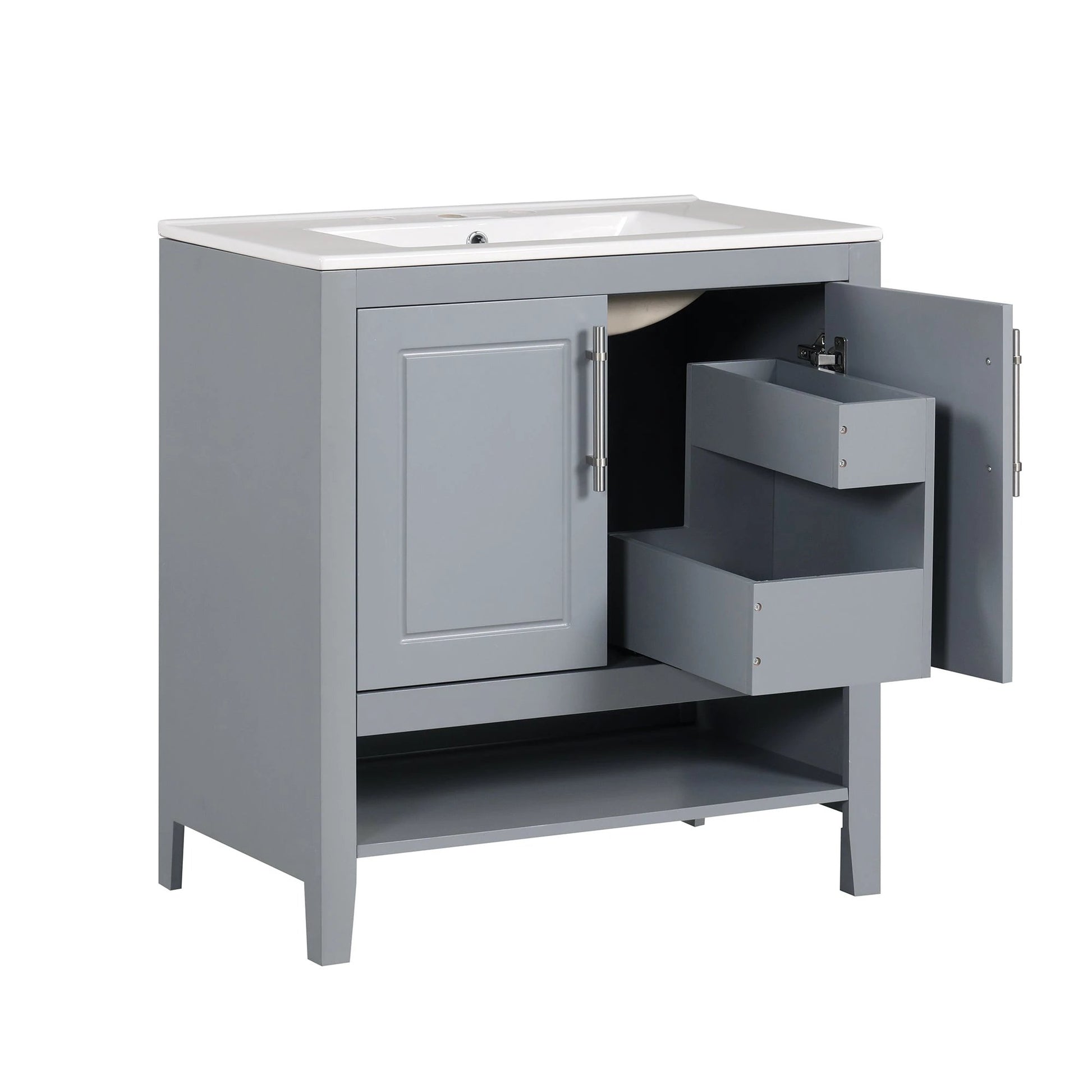 30" Bathroom Vanity with Sink, Multi-functional Bathroom Cabinet with Doors and Drawers, Solid Frame and MDF Board, Grey by eprolo