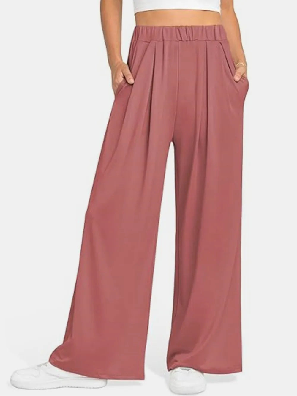 Elastic Waist Wide Leg Pants, dusty rose palazzo by Trendsi with elastic waistband.