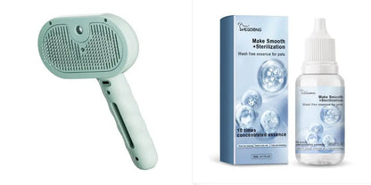 Pet grooming dematting comb in mint green with sterilization essence bottle and box, three-item set.