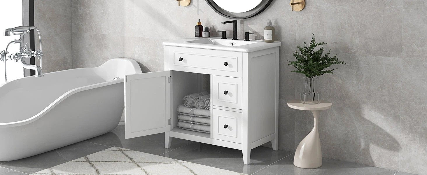 30" Bathroom Vanity with Sink Top, Bathroom Vanity Cabinet with Door and Two Drawers, Solid Wood Frame, One Package, White by eprolo