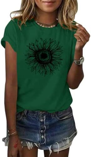 Camiseta de manga corta para mujer con estampado de girasol, top holgado de verano