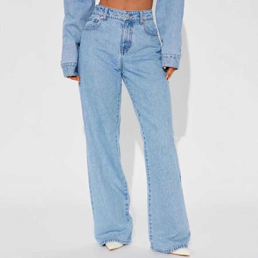 Straight Slimming Trousers Love Pocket High-Waist Loose Jeans in light blue denim