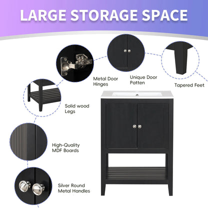 24" Black Modern Sleek Bathroom Vanity Elegant Ceramic Sink with Solid Wood Frame Open Style Shelf by eprolo