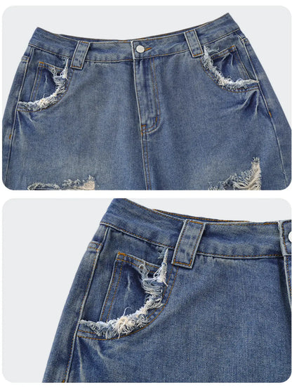 Mens oversized distressed denim shorts with stretch cotton pockets, blue denim by Trendsi.