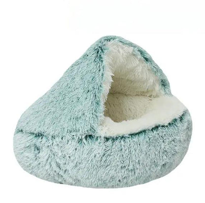 Deep Sleep Half-pack Semi-enclosed Plush Round Pet Bed by AdTec, mint seafoam exterior with cream interior