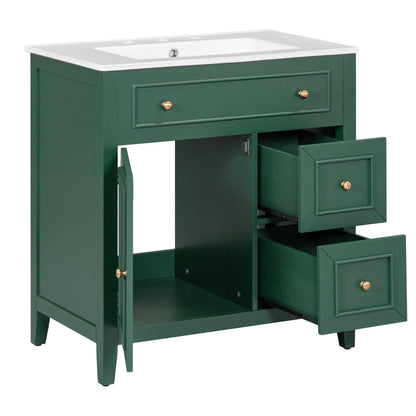 30" Bathroom Vanity with Sink Top, Bathroom Vanity Cabinet with Door and Two Drawers, Solid Wood Frame, One Package, Green by eprolo