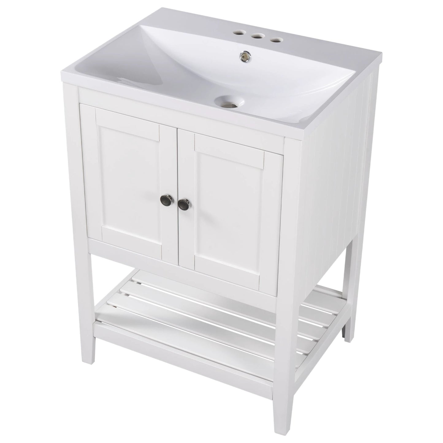 24" White Modern Sleek Bathroom Vanity Elegant Ceramic Sink with Solid Wood Frame Open Style Shelf by eprolo