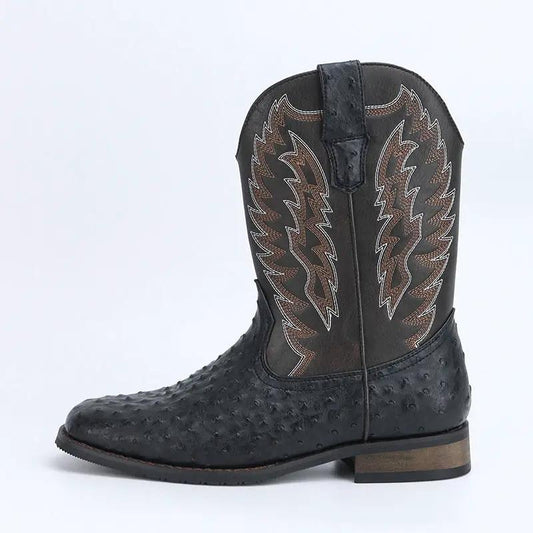 Maverick Men Mid Calf Western Boots With Wedge Heel, black ostrich-textured leather with wing embroidery