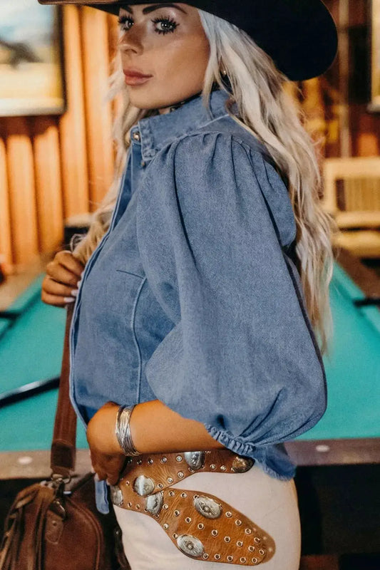 Denim shirt with structured collar and puff sleeves in light blue cotton-blend fabric