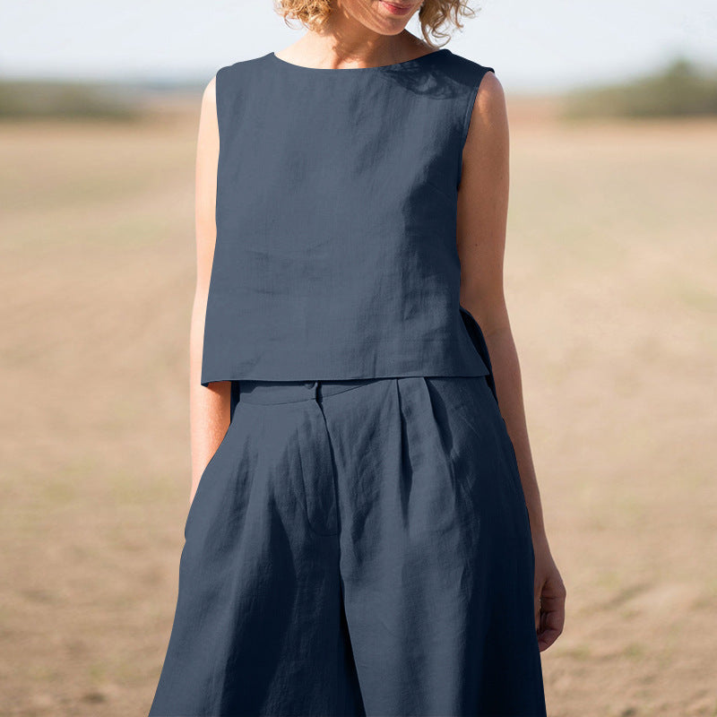 Traje de algodón de lino de algodón retro de color sólido de manga larga para mujer