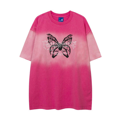 Gradient distressed butterfly embroidery short sleeved shirt