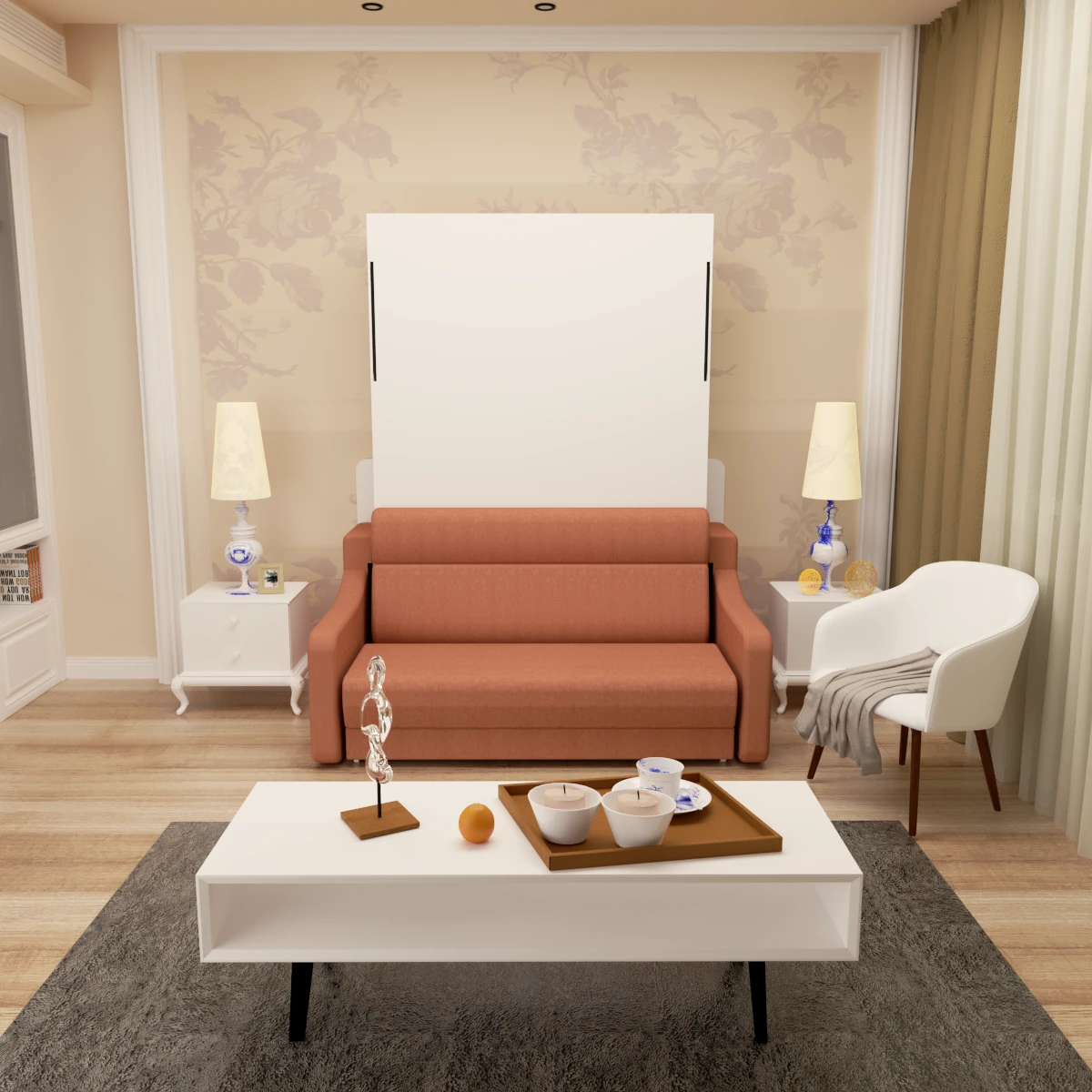 Full size Morden Deisgn vertical Murphy bed with sofa and drawers, white wall bed, space saving hidden bed with new gas pillars by eprolo