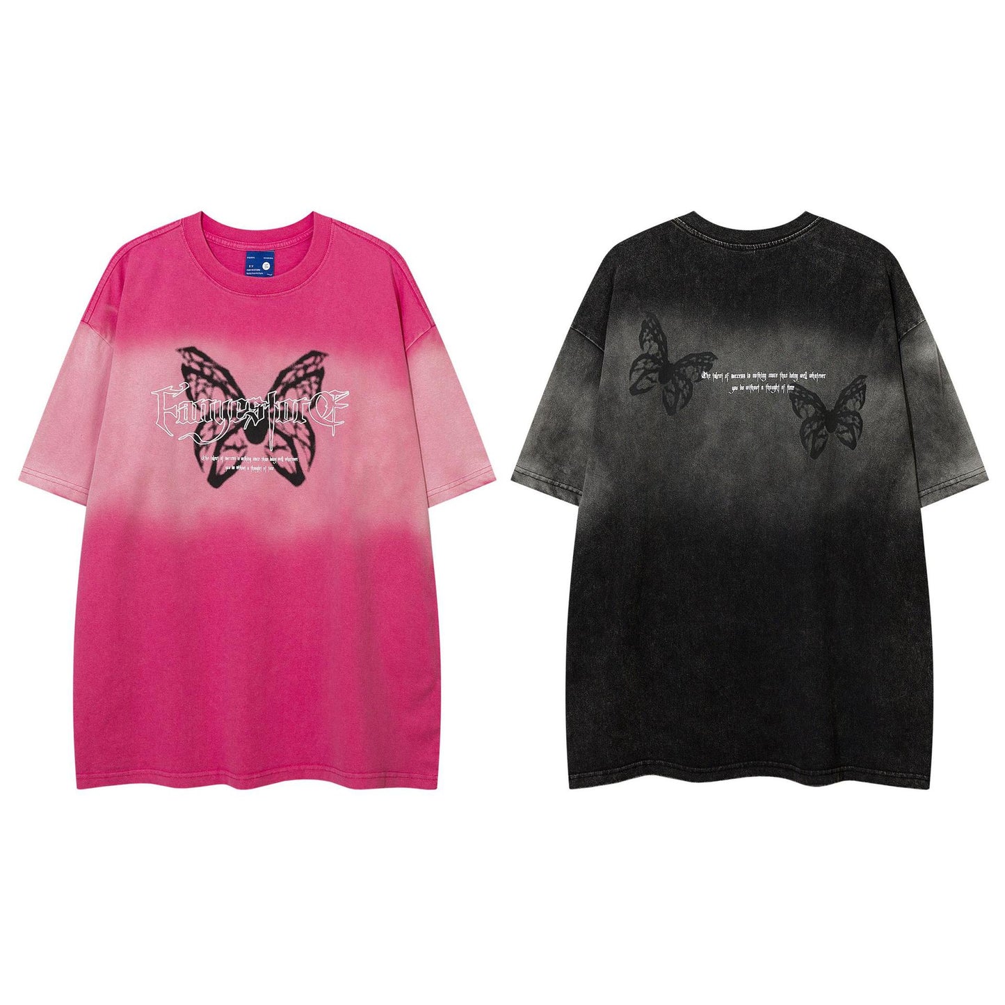 Gradient distressed butterfly embroidery short sleeved shirt