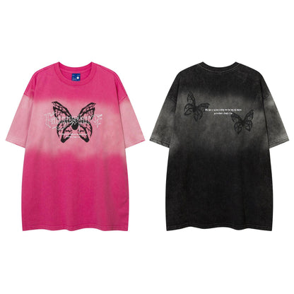 Gradient distressed butterfly embroidery short sleeved shirt