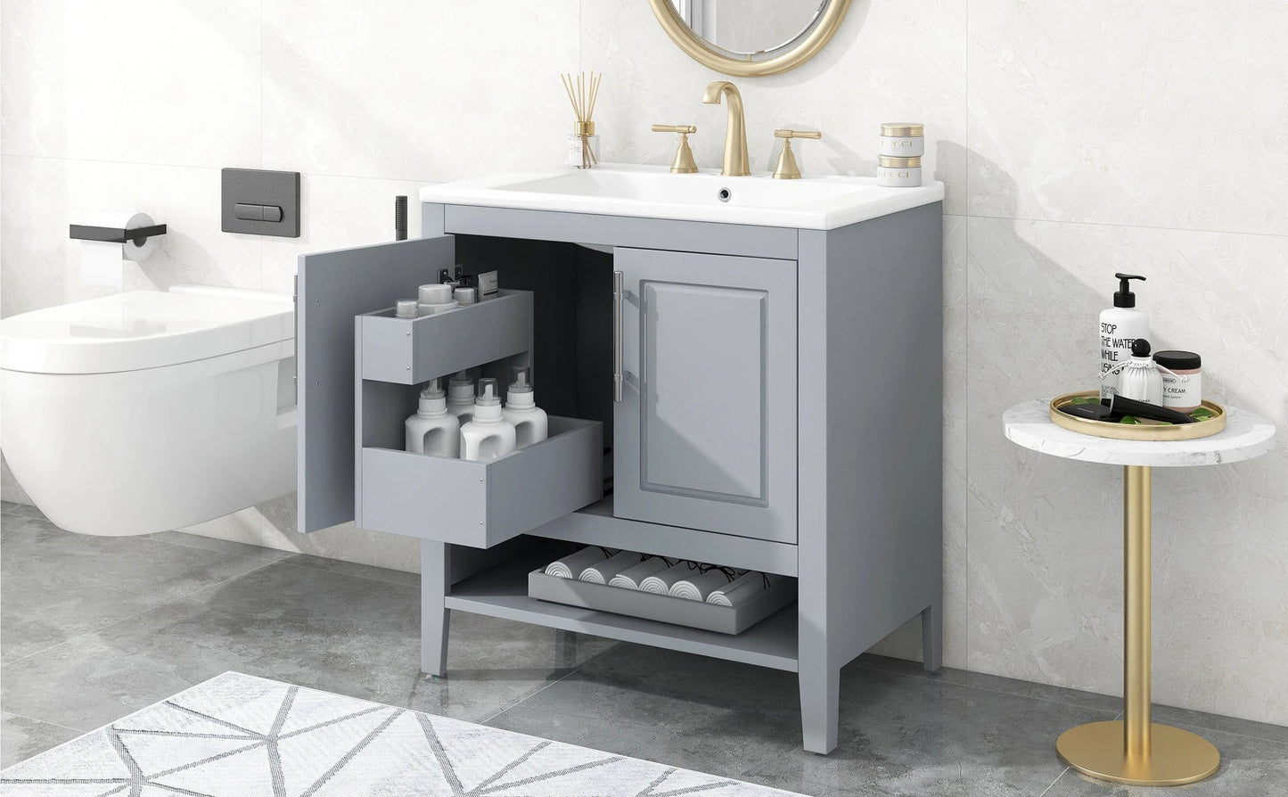 30" Bathroom Vanity with Sink, Multi-functional Bathroom Cabinet with Doors and Drawers, Solid Frame and MDF Board, Grey by eprolo