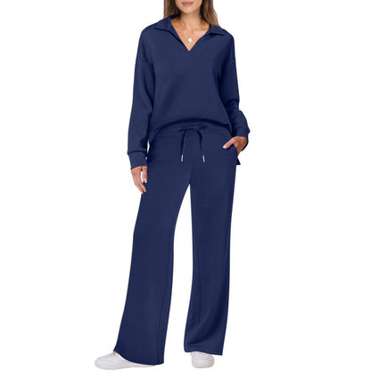Chándal deportivo para mujer, conjunto de blusa de manga larga con cuello en V y pantalones rectos con cordón, conjunto de pantalones casuales de color liso