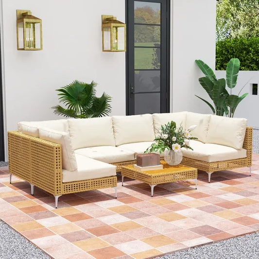 Patio Furniture Set AdTec wicker sectional with beige cushions on tiled patio.