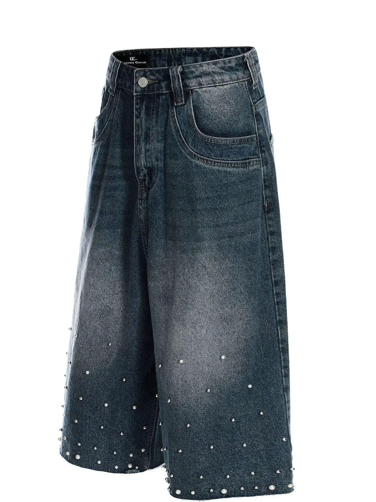 Men's relaxed wide-leg denim shorts in soft washed cotton with pearl embellishments at the hem by Trendsi