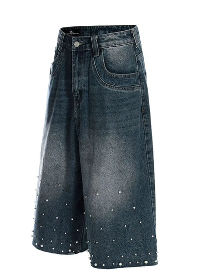 Men's relaxed wide-leg denim shorts in soft washed cotton with pearl embellishments at the hem by Trendsi