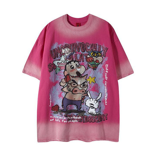 Gradient spray painted cartoon short sleeved T-shirt