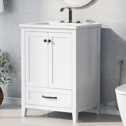 24" Bathroom Vanity with Sink, Bathroom Vanity Cabinet with One Drawer and Doors, Solid Wood and MDF, White by eprolo