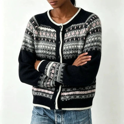 Color blocking round neck sweater; black knit cardigan with gray and pink geometric patterns and front button placket