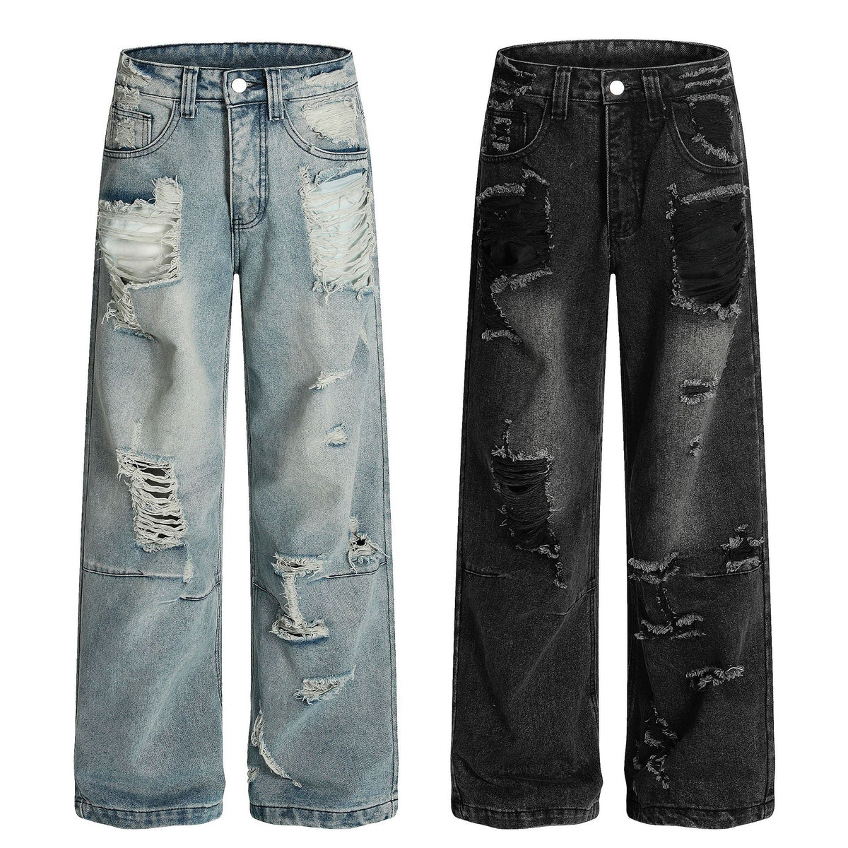Distressed wide-leg jeans by eprolo, heavy washed vintage look, unisex oversized denim, light blue and black pair (2)