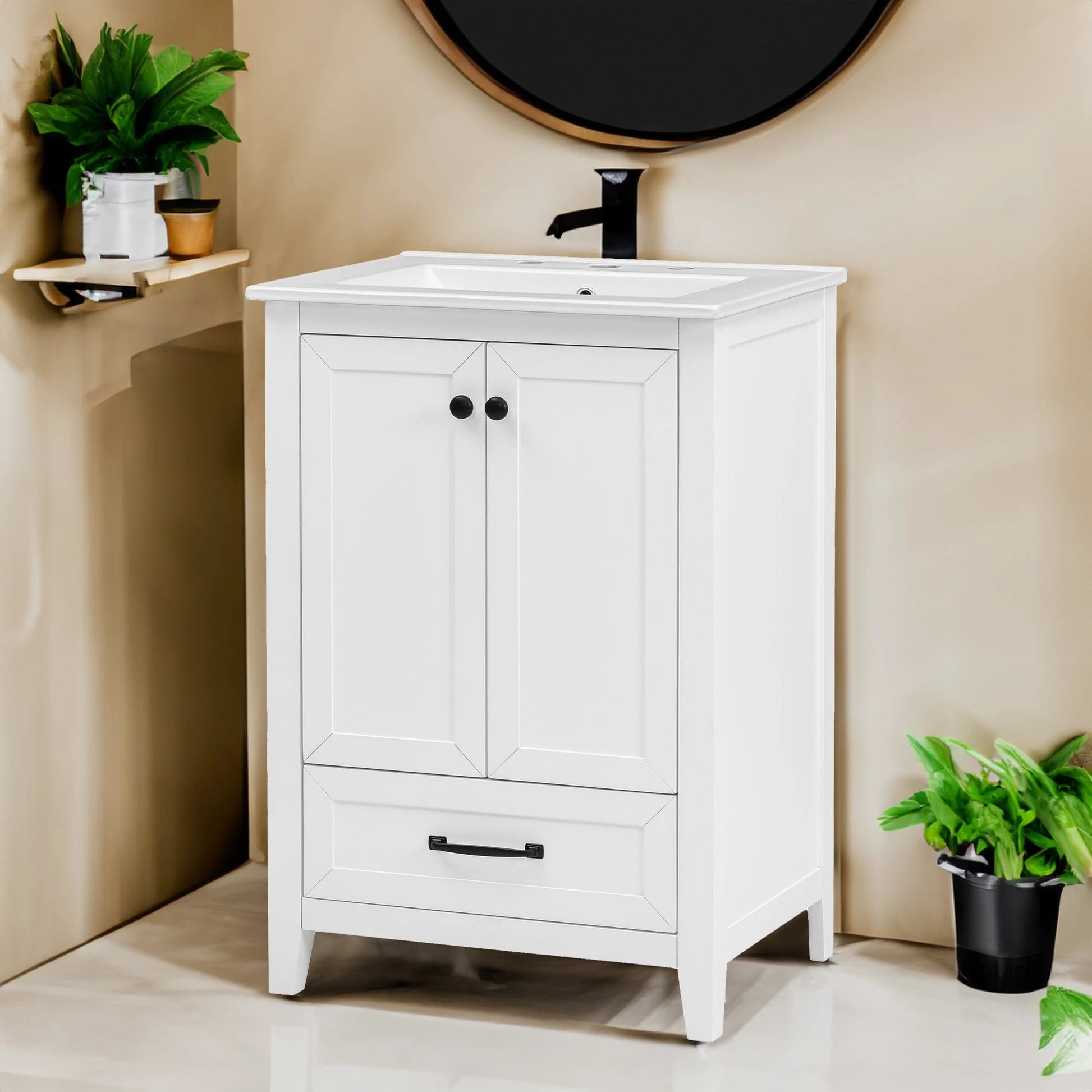 24" Bathroom Vanity with Sink, Bathroom Vanity Cabinet with One Drawer and Doors, Solid Wood and MDF, White by eprolo