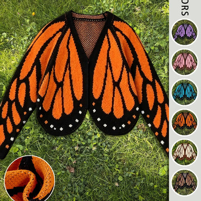 Women's butterfly knit cardigan sweater by AdTec in orange and black, open front, long sleeves