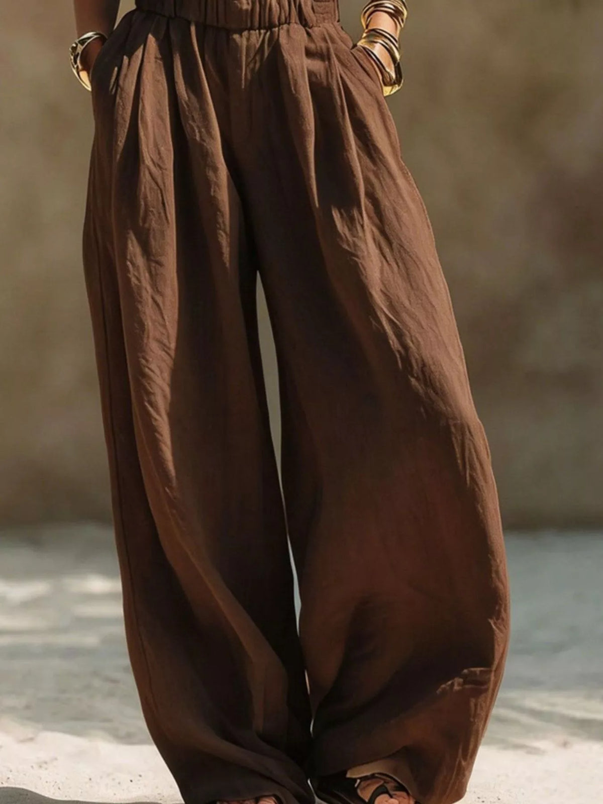 Palazzo pants by Trendsi, full-size elastic waistband wide-leg brown with drawstring and pockets
