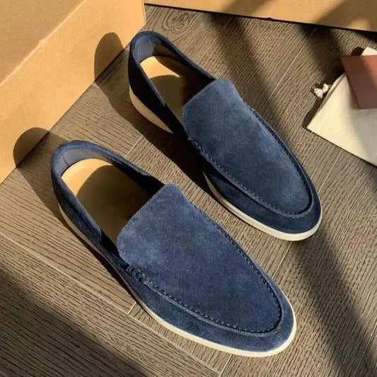 Shoes: Lusso men's slip-on drive loafers in blue suede with soft imitation leather lining