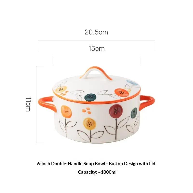 AdTec double-handled ceramic soup bowl with lid; white bowl with orange handles and floral design.