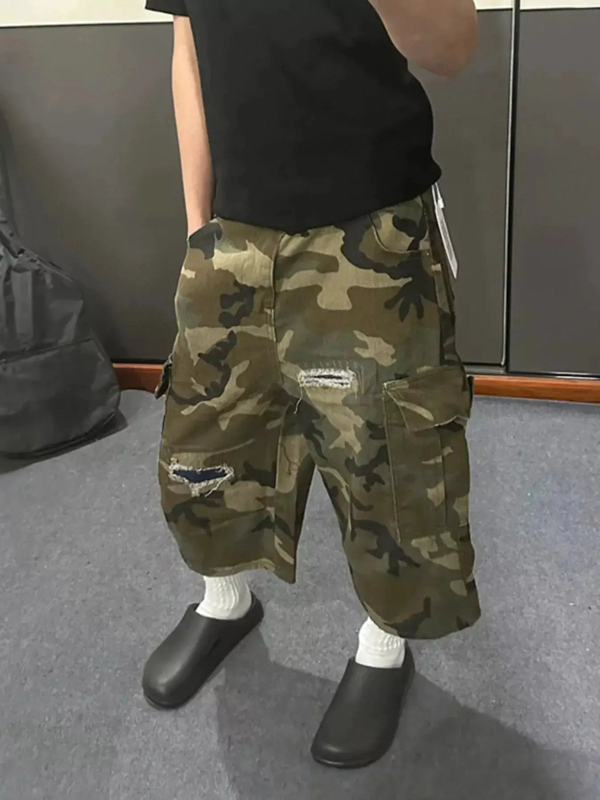 Mens plus-size camo cargo denim shorts with distressed patches by Trendsi