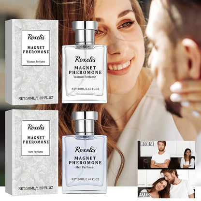Roxelis Magnetic Pheromone perfume bottles (2) with silver caps beside floral-patterned boxes