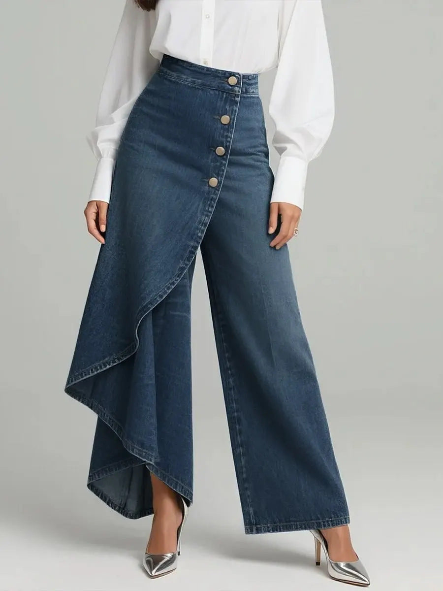 Unique Straight-leg Pants Fashion Large Ruffled Buttons Trousers Women's Faux Jeans Clothing