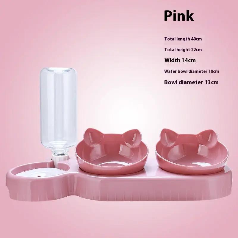 Food basin double bowl pet set with two pink bowls and AdTec automatic drinking bottle on curved base.