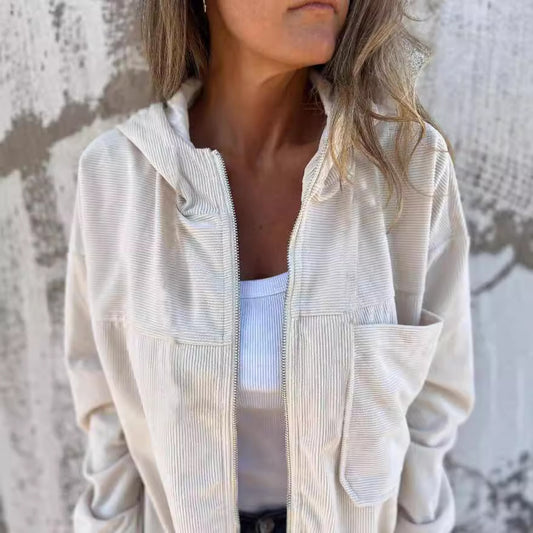 Veste à capuche unie en velours côtelé pour femme